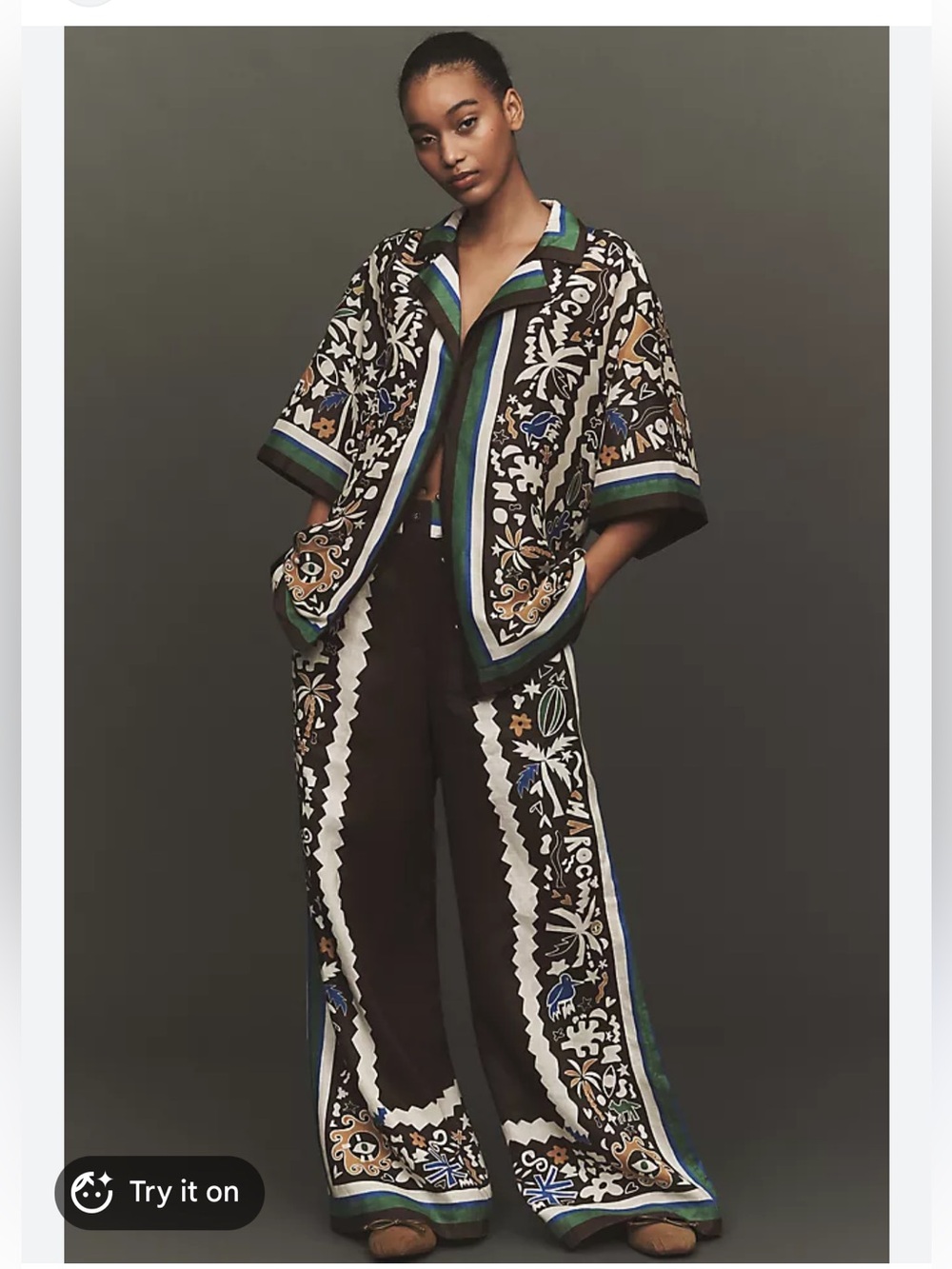 NWT Alemais Brown Printed Wide-Leg Pants and Shirt set